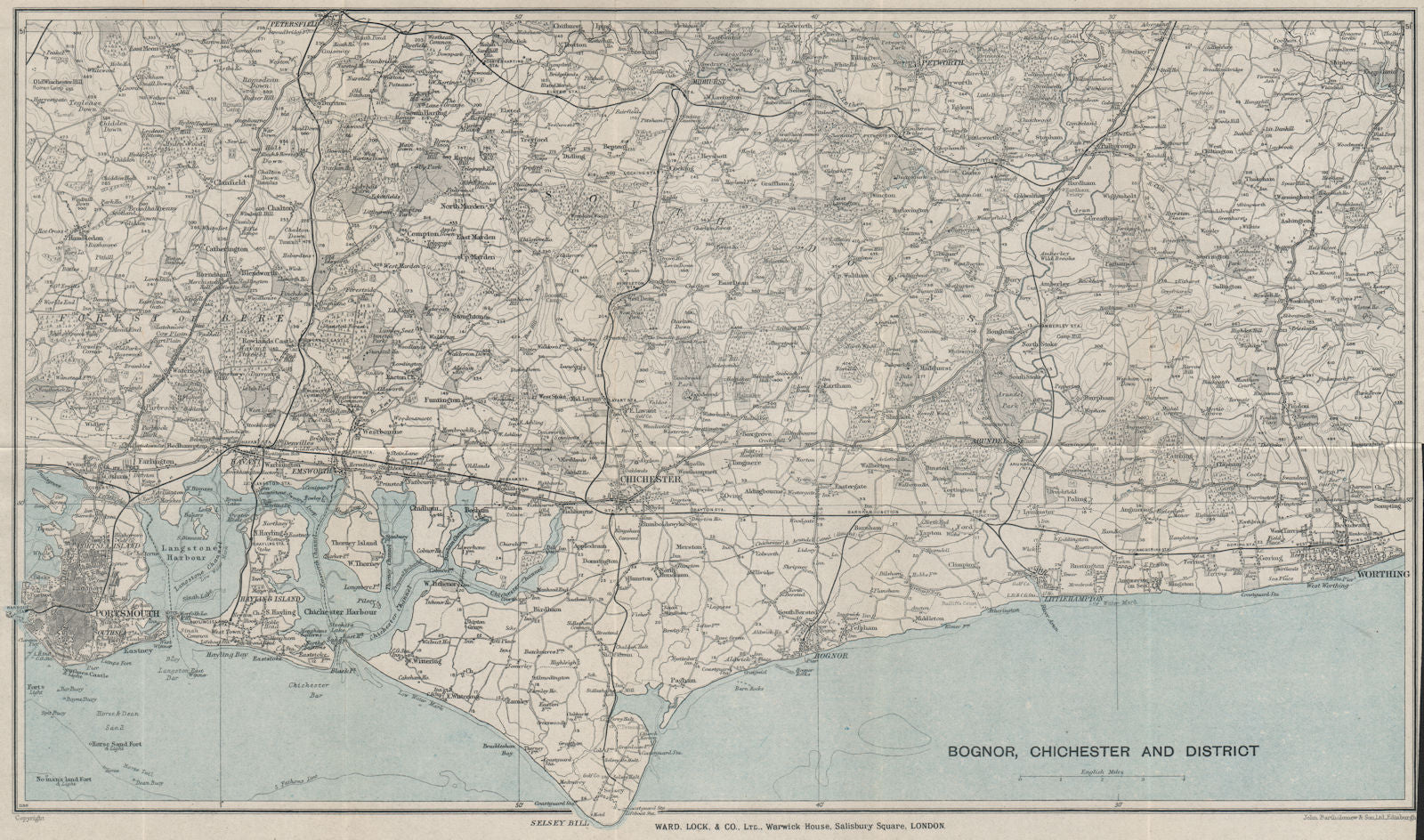 WEST SUSSEX COAST. South Downs. Bognor Worthing Chichester Portsmouth 1928 map